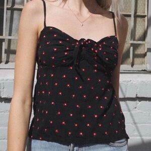 BRANDY MELVILLE Black Front Tie Bow Embroidered Red Floral Babydoll Tank Top